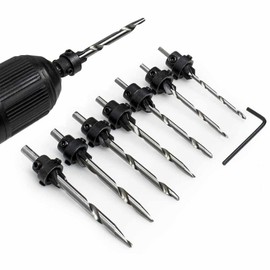 Big Horn 13200 Countersink Bit 7 piece set with Wooden Case, Adjustable Depth Stop Collars Woodworking