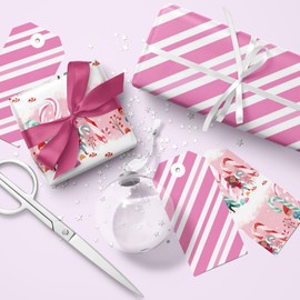 LeZakaa Reversible Christmas Wrapping Paper - Pink Elf Cane Candy and Pink White Stripes for Christmas, Holiday, Party - 17 inches x 32.8 Feet (46.45 sq.ft.)