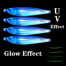Feianoto Long Casting Slow Pitch Jig Lure Fishing UV Glow Jigs Metal Spoons 3D Print Falling Angler Metal Hard Bait Sinking Jigging Pesca Bait with Glow Hooks 30g 40g 60g 80g 100g (4 pcs, 3.530z/100g)