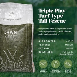 Nature’s Seed Triple-Play Turf Type Tall Fescue Grass Seed Blend, High-Traffic, Heat and Drought Tolerant, for Garden, Lawn, Yard, 5 Lbs