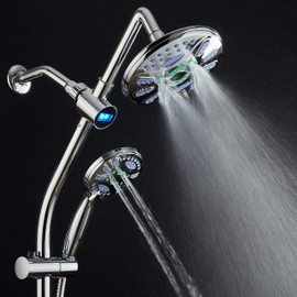 Spa Station 34" Drill-Free Slide Bar with 48-setting Anti-Clog Showerhead Combo & LED Temperature Display / 3-way Rain & Handheld Shower Head - Height Extension Arm - Stainless Steel Hose – Chrome
