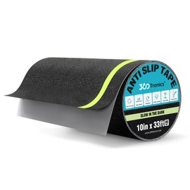 360Tronics Wide Anti Slip Grip Tape Black with Glow in The Dark Stripes 10in x 33ft, Waterproof Friction Resistant Non Skid Tread Safety Tape Roll High Traction for Outdoor Indoor Stairs, Steps, Ramps