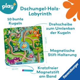 Ravensburger 4873 play+ Magnetic Wooden Maze: Jungle, Trains Fine Motor Skills, Skill and Colour Recognition, Travel Companion, Educational Wooden Toy for Children from 18 Months