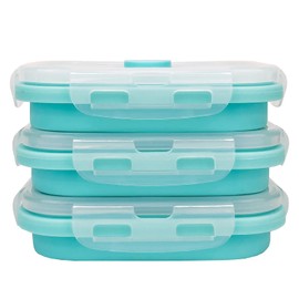 CCyanzi 3piece Collapsible Food Storage Containers with Lids, Silicone Lunch Container, Microwave & Freezer Safe, Space Saving for Kitchen Cabinet and Camping Backpack,(blue)