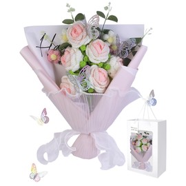 Crochet Flowers with 6 Pcs Pink Roses, 4 Pcs Puff, 4 Pcs Leaves, Butterflies, Crochet Flowers Bouquet, Comes with Sophisticated Gift Box & Bag, Perfect for Mother's Day, Valentine's Day, Christmas