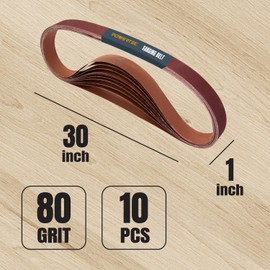 POWERTEC 1x30 Sanding Belts, 10PK, 80 Grit Aluminum Oxide 1 x 30 inch Sanding Belts for Belt Grinder, Belt and Disc Sander, Knife Sharpening, Woodworking, Metalworking (111290)