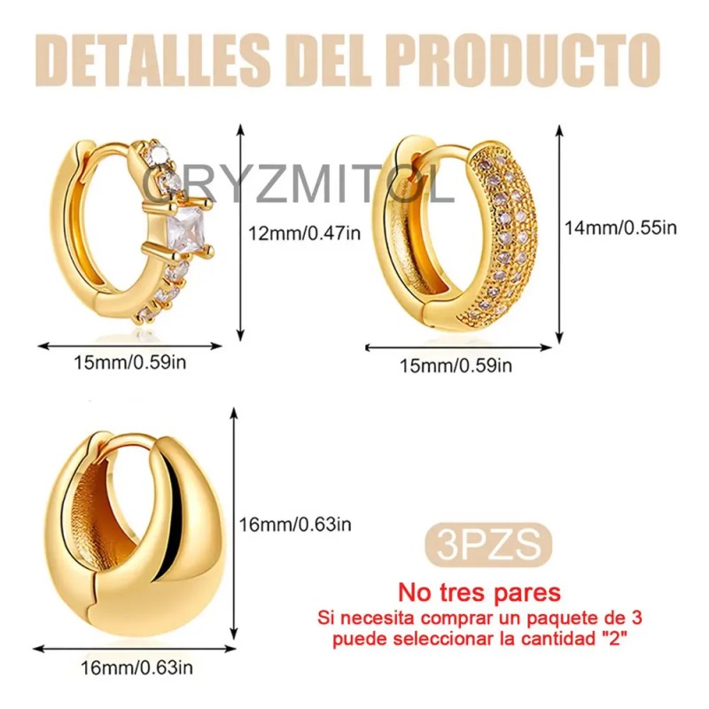 Cryzmitol 3pzs Aretes Mujer Niñas Oro Con Zirconias,joyería Moda Regalo