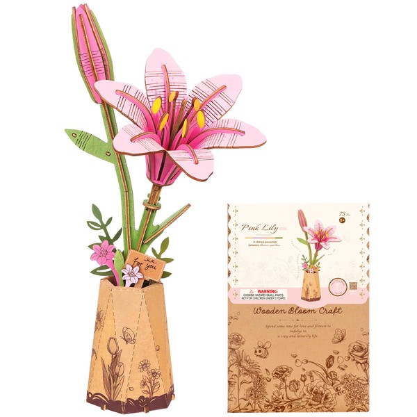 ROBOTIME 3D Wooden Flowers Puzzle Pink Lily Model Kits for