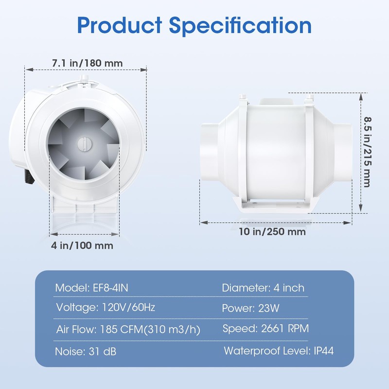 Tesansi 4 Inch Inline Duct Fan with EC Motor -