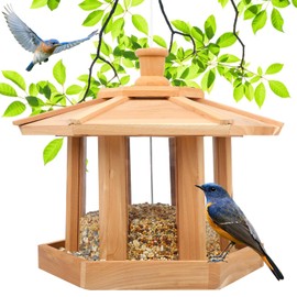 Liawm Wooden Bird Feeder for Outdoors Hanging, Red Cedar Hexagon Shaped Large Capacity, Cardinal Birdfeeder for Garden Decoration Yard, Weatherproof and Durable(Large)