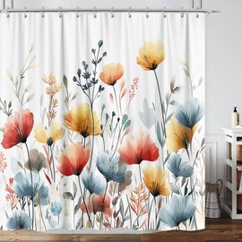 Rustic Boho Shower Curtain Farmhouse Floral, Colorful Watercolor Flower Botanical Decorative Shower Curtain, Cute Minimalist Aesthetic Wildflower Blue Cream Tan Grey Bath Curtain with Hooks, 72"×72"