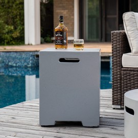 COSIEST Outdoor Hideaway Tank Table for Gas Fire Pits, Hides Standard 20lb 16-inch Propane Tank Cover w Side Handles (Gray)