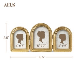 AELS Gold Family Collage Picture Frame Set 5x7 4x6, Vintage Triple Hinged Photo Frames with 3 Openings, Desktop Trifold Frame with Real Glass, Antique Three Picture Display for Tabletop Decor