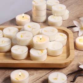 Vanilla Scented Tealight Candles, 48 Pack- Extended 4-5h Clear Cup Scented Tea Lights with Handmade Floral Surface, 100% Natural Palm Wax Tealights Smokeless for Home Cozy Night, Holidays