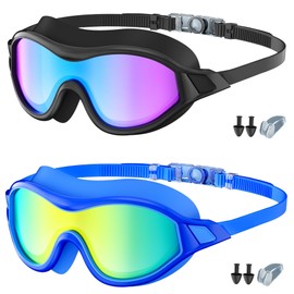 Swimming Goggles, 2 Pack Swim Goggles Wide View Anti Fog UV Protection No Leaking Clear Vision For Adult Women Men Youth(Black + Blue)