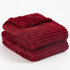 PAVILIA Soft Fleece Queen Bed Blanket Burgundy Wine Red, Large Fuzzy Plush Flannel Blanket, Warm Cozy Ribbed Microfiber Blanket for Sofa Couch, Lightweight Striped Blanket, Wine, 90x90