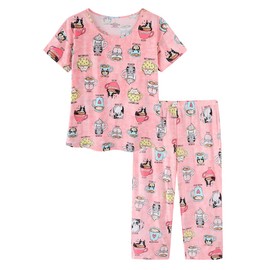 CHUNG Women Cotton Pajamas Set Short Sleeve Top Capri Pants Sleepwear Plus Size, (XL, Red Coffee Cat)