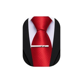 Barry.Wang Red Ties for Men Silk Plaid Necktie and Tie Clip Solid Color Tie for Wedding Party Business Formal