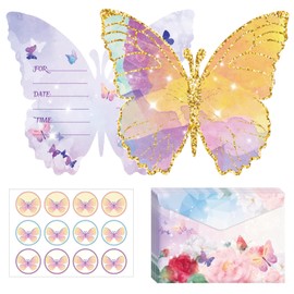 Butterfly Themed Party Invitation 12PCS Party Invitation Card, Watercolor Floral Style Party Supplies with Envelopes for Girls Boys Birthday Baby Shower, Invitation Letter Birthday Party (C Style)