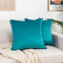 Elegant Comfort POM-POMS Fringe Velvet Cushion Covers Set of 2, Velvet Soft Solid Decorative Square Throw Pillow Covers Set Cushion Case for Couch Bed, Livingroom 18 x 18 Inch (45 x 45 cm), Turquoise