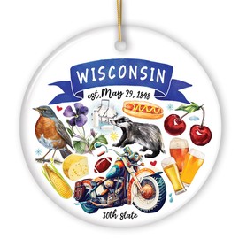 Collectible Ceramic USA Souvenir Keepsakes - Artistic Wisconsin State Themes and Landmarks Christmas Ornament
