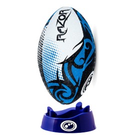 Optimum Razor Rugby Ball - Perfect for Training & Gameplay, Great Flight & Air Retention, Rubber Dimpled Surface for Grip, 2-Ply 410g - Black/Blue, Size 4 - Includes Kicking Tee