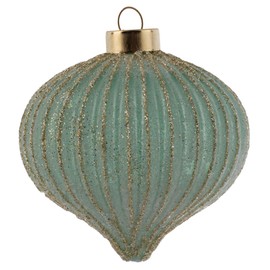 Karma, Christmas Hanging Ornament, Gold Glitter Fluted Glass Drop Ornament Seafoam