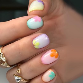 Cute Press on Nails Short Square MABKJLF Flower Fake Nails False Nails with Floral Designs Colorful Full Cover Glossy Glue on Nails Spring Summer Acrylic Nails for Women Girls 24Pcs