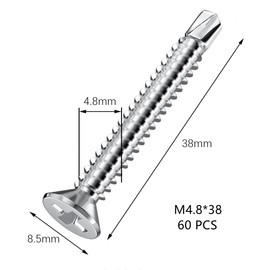 60 PCS Stainless Steel Self Drilling Self Tapping Metal Screws for Iron Sheets, Furniture, Steel Tiles (M4.8 * 38mm)