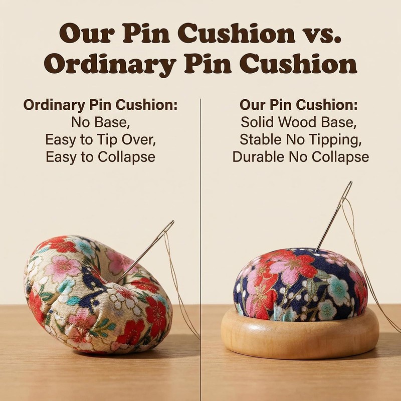 1Pcs Japanese Style Cherry Blossom Pin Cushion, Round Wooden Base