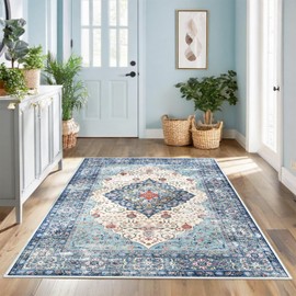 ANSSO 2×3 Washable Area Rugs, Foldable Faux Wool Low Pile Boho Vintage Entryway Rug with Non Slip Backing for Doormat, Indoor Front Entrance Kitchen, Bathroom, Earthy Navy