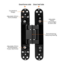 QWORK Adjustable Hidden Door Hinges (2-Pack) in Sleek Black – 6" Zinc Alloy 3-Way Adjustability, 180-Degree Swing, for Doors Up to 850mm Width and 88 lbs, More Than 35mm Thickness
