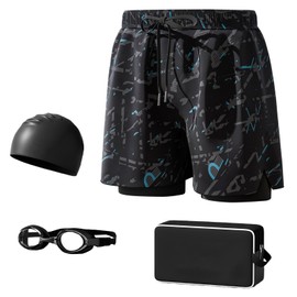 Franala Set de Nataciónde 4 Piezas,Traje de Baño Hombre 2 en 1,Incluye bañadores,Gorra de baño, Gafas antiniebla, Bolsa de Almacenamiento (MX/US, Alfa, Mediano, Regular, Regular, Negro)