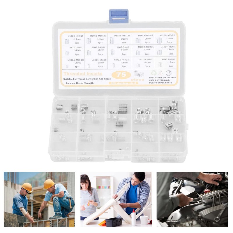 75Pcs Threaded Insert Kit Stainless Steel Silver M3 M4 M5