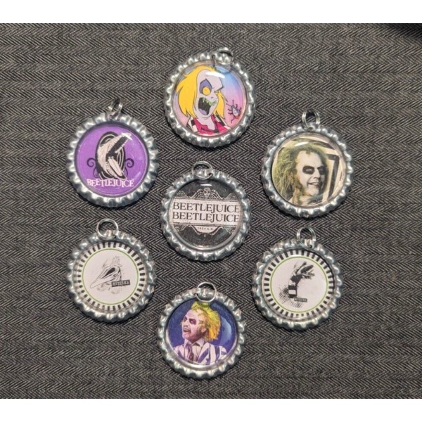 Handmade Set of 7 Beetlejuice Bottle Cap Bling Charms w/