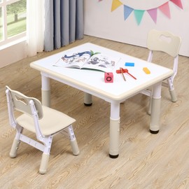 CuFun Kids Table and Chairs Set, Height-Adjustable Toddler Table and Chairs Set for Age 3-8, 31.5''Lx23.6''W Graffiti Desktop, Kids Activity Table for Daycare, Classroom, Home (Natural, 2 Chairs)