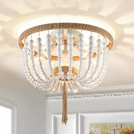 AGV LIGHTING Wood Bead Ceiling Light Fixture, Modern Flushmount Ceiling Light, D13.8 x H13, E12 Base 3-Lights, White Wood Bead & White Rust Finish Metal Frame