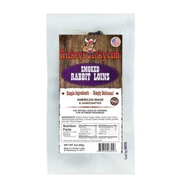 Rickey's Jerky, Smoked Rabbit Loins, Exotic Wild Game Jerky, All Natural Meat, High Protein snack, Keto Friendly, Gluten Free, Simple Ingredients, exotic wild game jerky meat snack for back to school, post workout, hiking, camping, golfing, fishing, snac