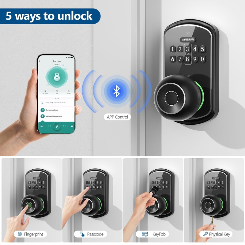 VANZBON Smart Door Knob Lock with Keypad,Keypad Door Knob with