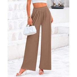 BTFBM Womens Casual Wide Leg Pants Summer Fall Clothes Pleated Elastic Waist Loose Palazzo Knit Trousers with Pockets(Khaki, Medium)