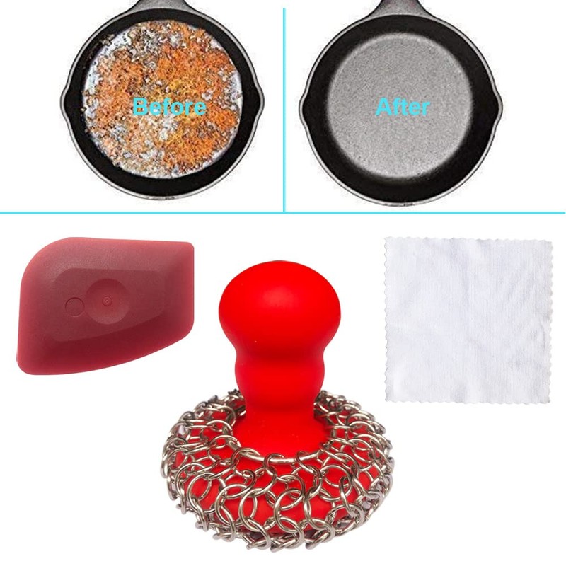 316 Upgraded Chainmail Scrubber with Silicone Handle Cast Iron Cleaner
