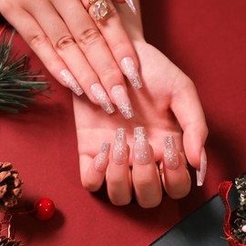 24PCS Christmas Long False Nails with Glue Stickers,Coffin Full Cover Acrylic Nails Press on Nails no Glue,Silver Pink Snowflake Fake Nails Stick on Nails for Women and Girls Nail Art.