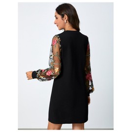 MakeMeChic Women's Fall Long Sleeve Floral Sheer Dress Wedding Guest Mesh Crew Neck Lace Black Mini Dresses Black Multi Medium