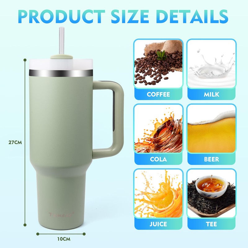 Temede Thermobecher mit Strohhalm und Henkel 1180ml, Kaffeebecher mit Griff