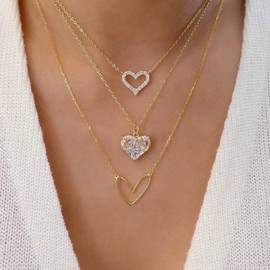 Inilbran Boho Layered Crystal Heart Necklace Vintage Love Heart Pendant Necklace Gold Hollow Heart Choker Necklace Multilayer Heart Chain Necklace Jewellery for Women, Zinc, No Gemstone
