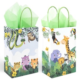 36 Pack Small Jungle Safari Woodland Animal Themed Party Gift Bags with Handles and Green Tissue Paper for Birthday, Baby Shower Party Favors Treats Goodies, 9x5.5x3.15 Inch (2 Assorted Designs)