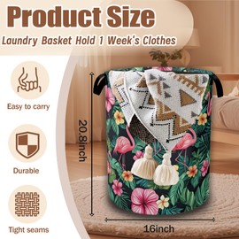 Tropical Palm Laundry Basket,Flamingo Watercolor Laundry Hamper Waterproof Oxford Cloth Tote Collapsible,Clothes Storage Bucket Decorative Toy Organizer For Bathroom Bedroom 16" x 20.8"
