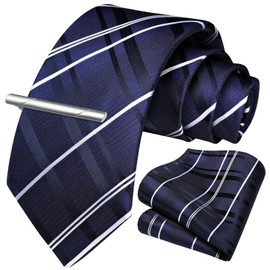 HISDERN Men's Necktie, Business Necktie, Pocket Square, Tie Clip, 3-Piece Set, Formal Necktie, Job Hunting, Graduation Ceremony, Father's Day Gift, 02 navy (stripe)