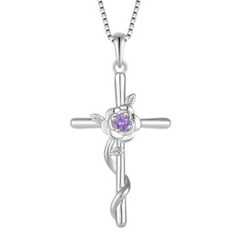Rocayi Cross Necklace for Women 925 Sterling Silver February Birthstone Amethyst Necklace Rose Flower Pendent Crucifix Faith Religion Jewelry Gifts for Women Wife Mother Daughter Her