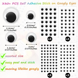 Ymapinc 8 Sheets Googly Eyes Self Adhesive Stickers - 8mm 10mm 12mm 15mm Eye Stickers for Handmade Crafts Making DIY, Assorted Small Googly Eyes Sizes Easy Peel & Stick Eyeballs - 330pcs